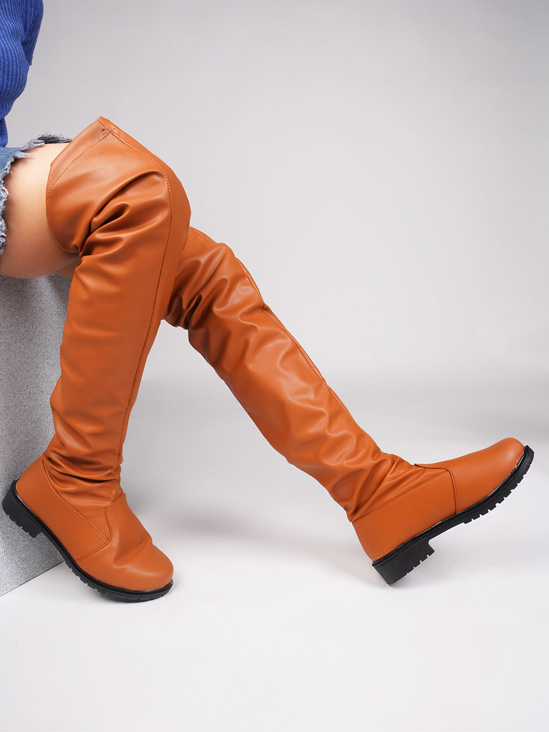 Faux Leather Knee-High Boots for Women & Girls Tan