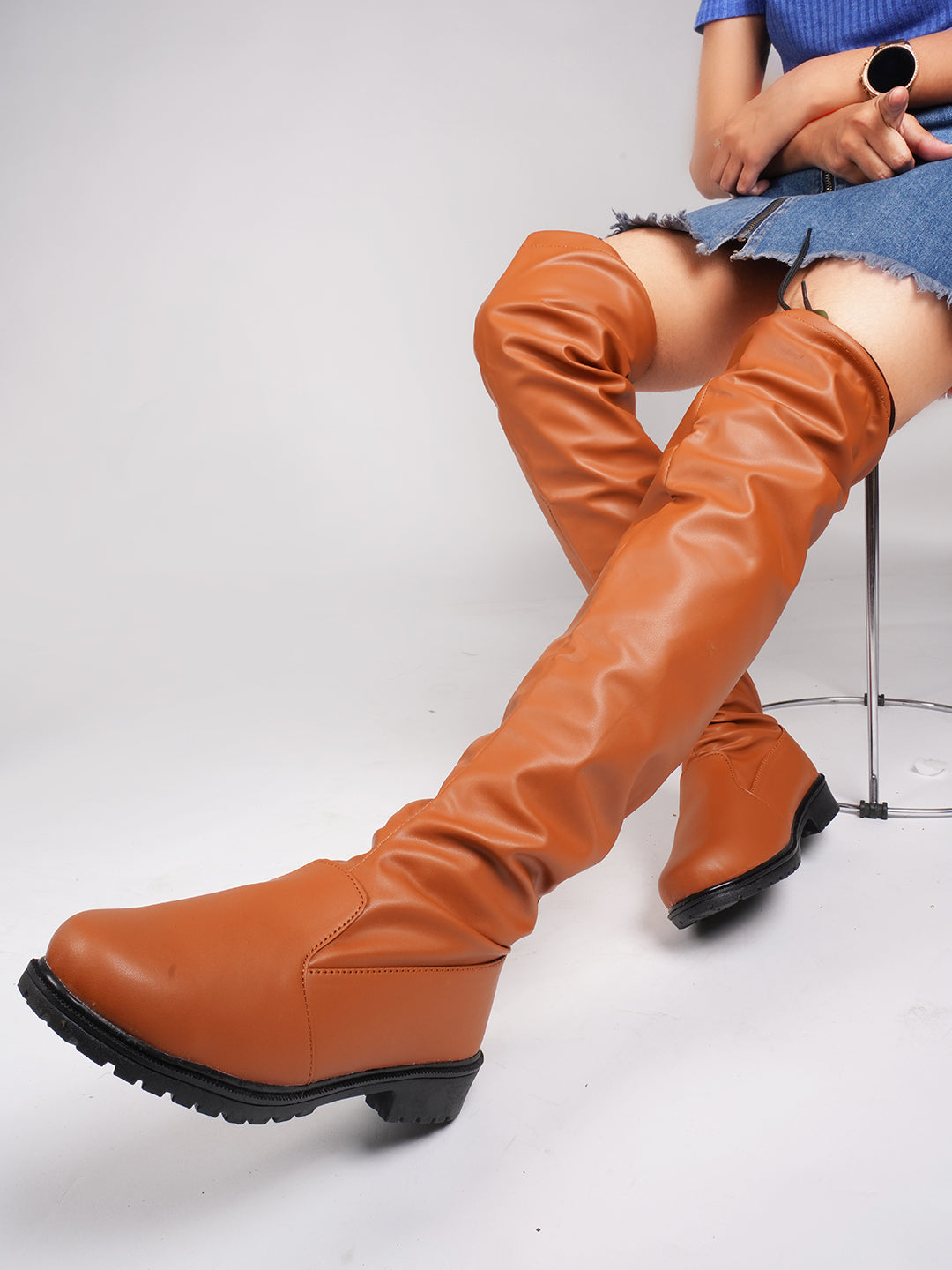 Faux Leather Knee-High Boots for Women & Girls Tan