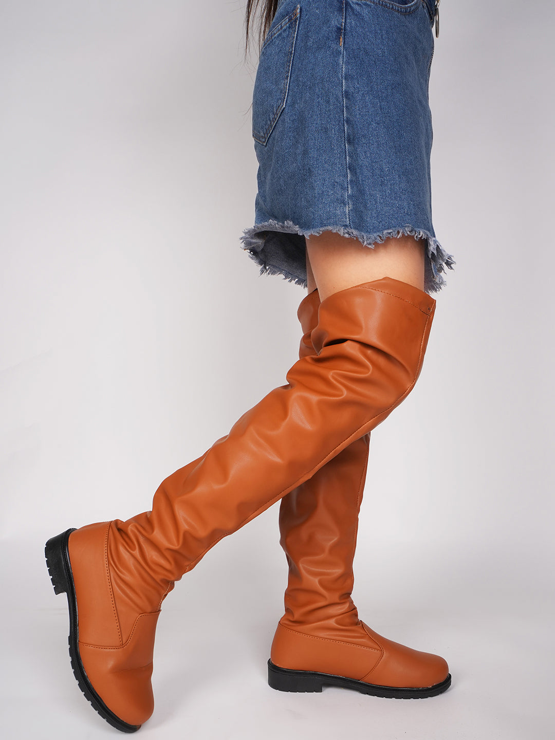 Faux Leather Knee-High Boots for Women & Girls Tan