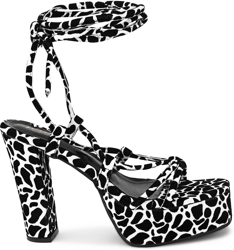 Black and White Textured Block Lace Up Heels for Women and Girls Black