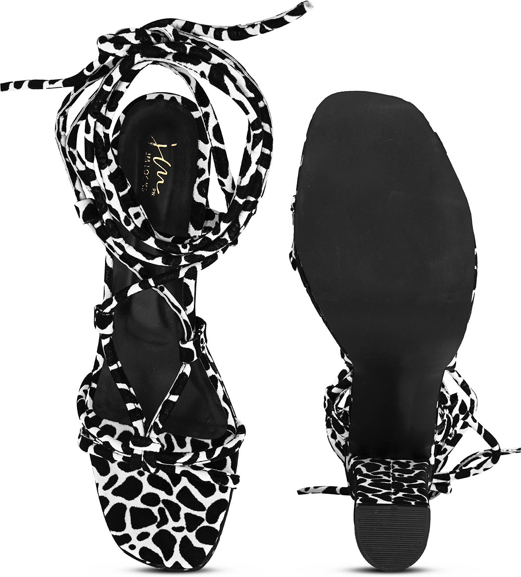 Black and White Textured Block Lace Up Heels for Women and Girls Black