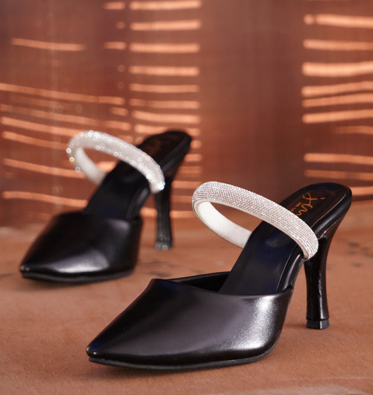 Stylished-Toe Embellished Stiletto Heels Sandals for Women and Girls Black