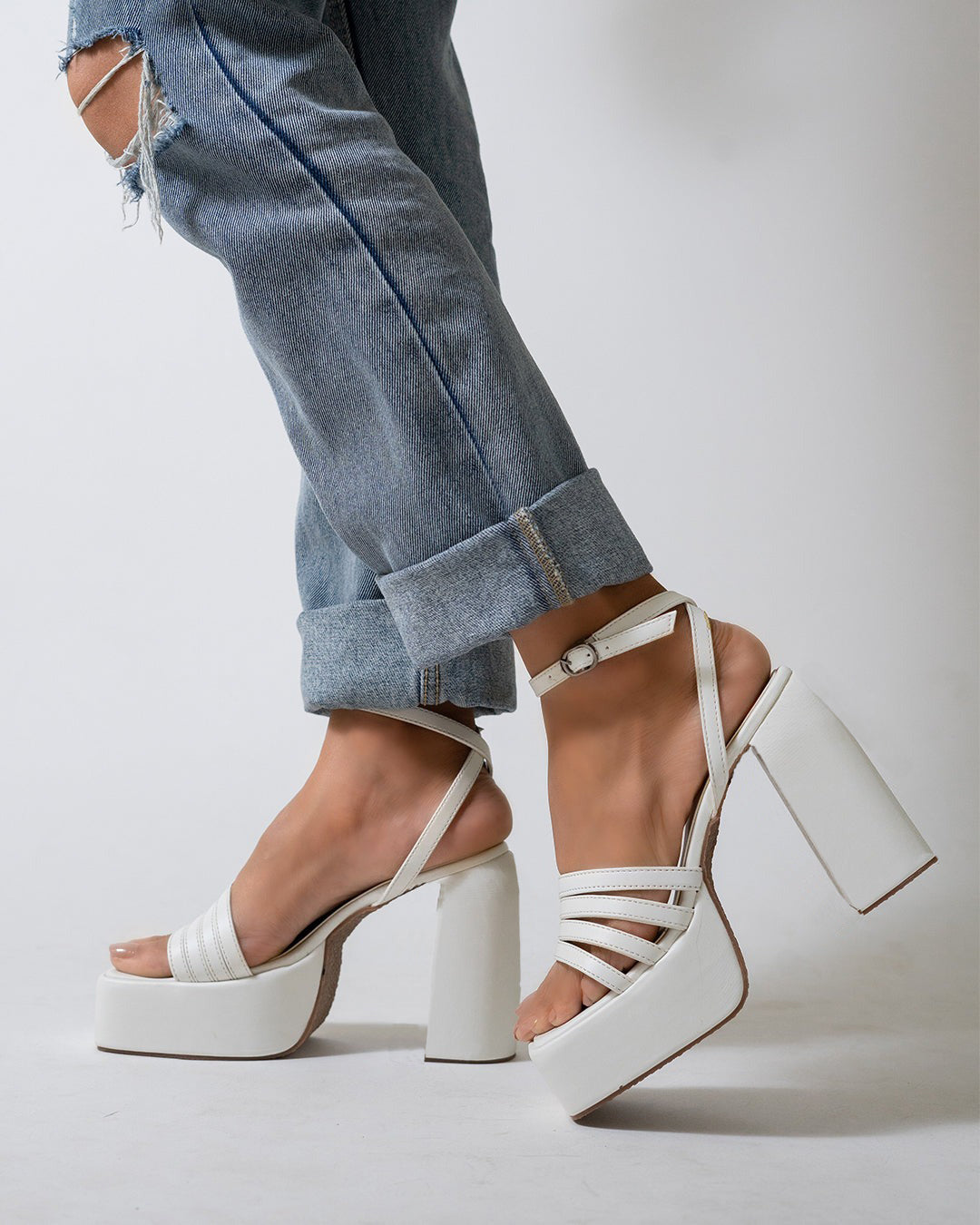 Trendy Fashion Block High Heels Sandals for Women and Girls White