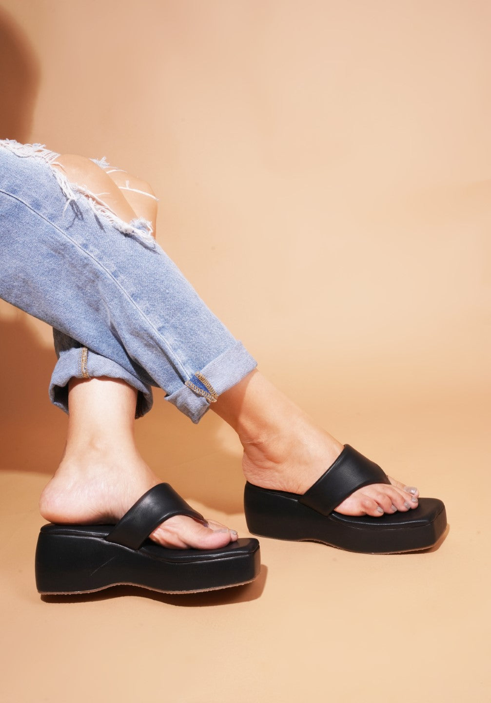 Buy Online Platform Heel Thong Strap Wedges Sandals for Women and Girls Black
