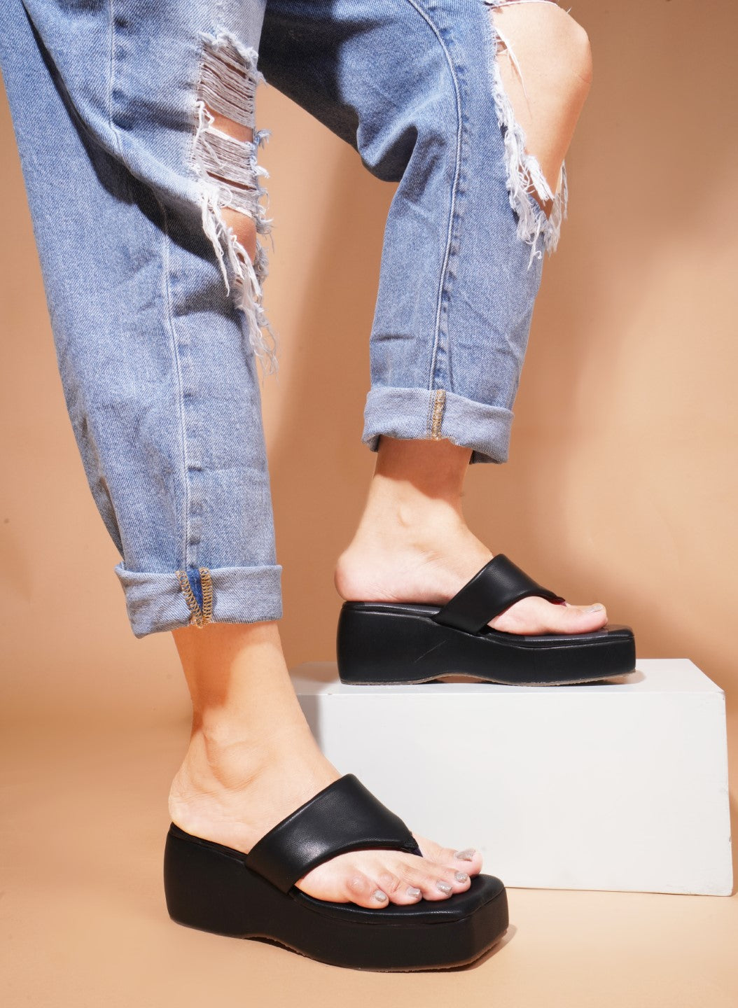 Buy Online Platform Heel Thong Strap Wedges Sandals for Women and Girls Black