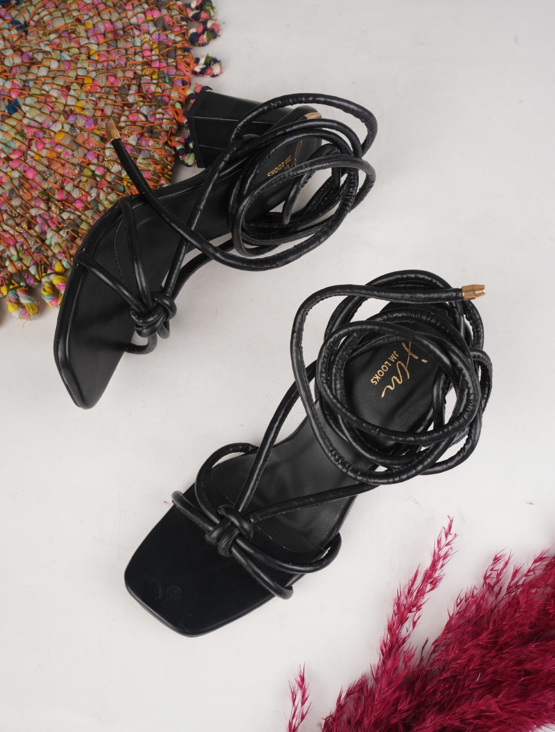 Open Toe Chunky Heeled Sandals with Lace Fastening for Women and Girls Black