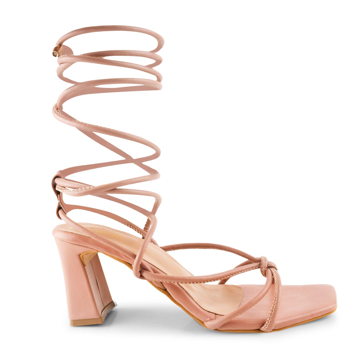 Open Toe Chunky Heeled Sandals with Lace Fastening for Women and Girls Peach