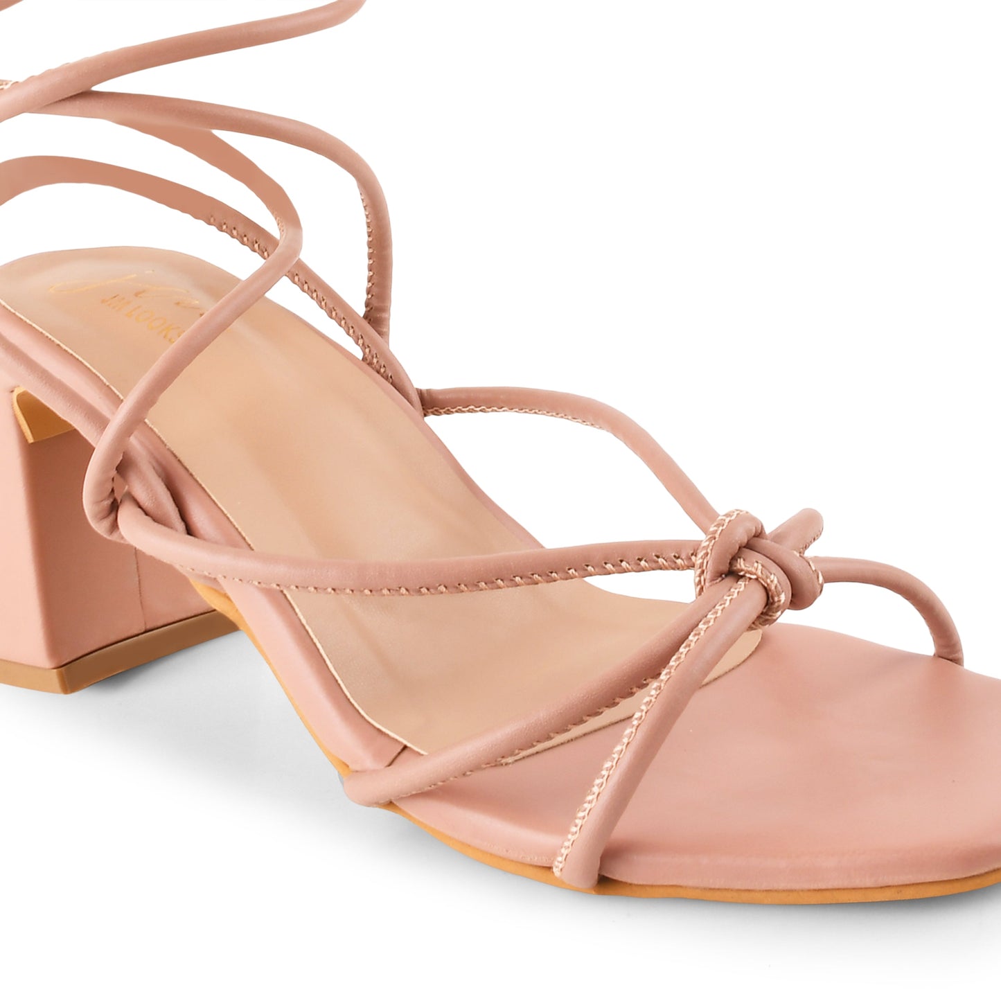 Open Toe Chunky Heeled Sandals with Lace Fastening for Women and Girls Peach