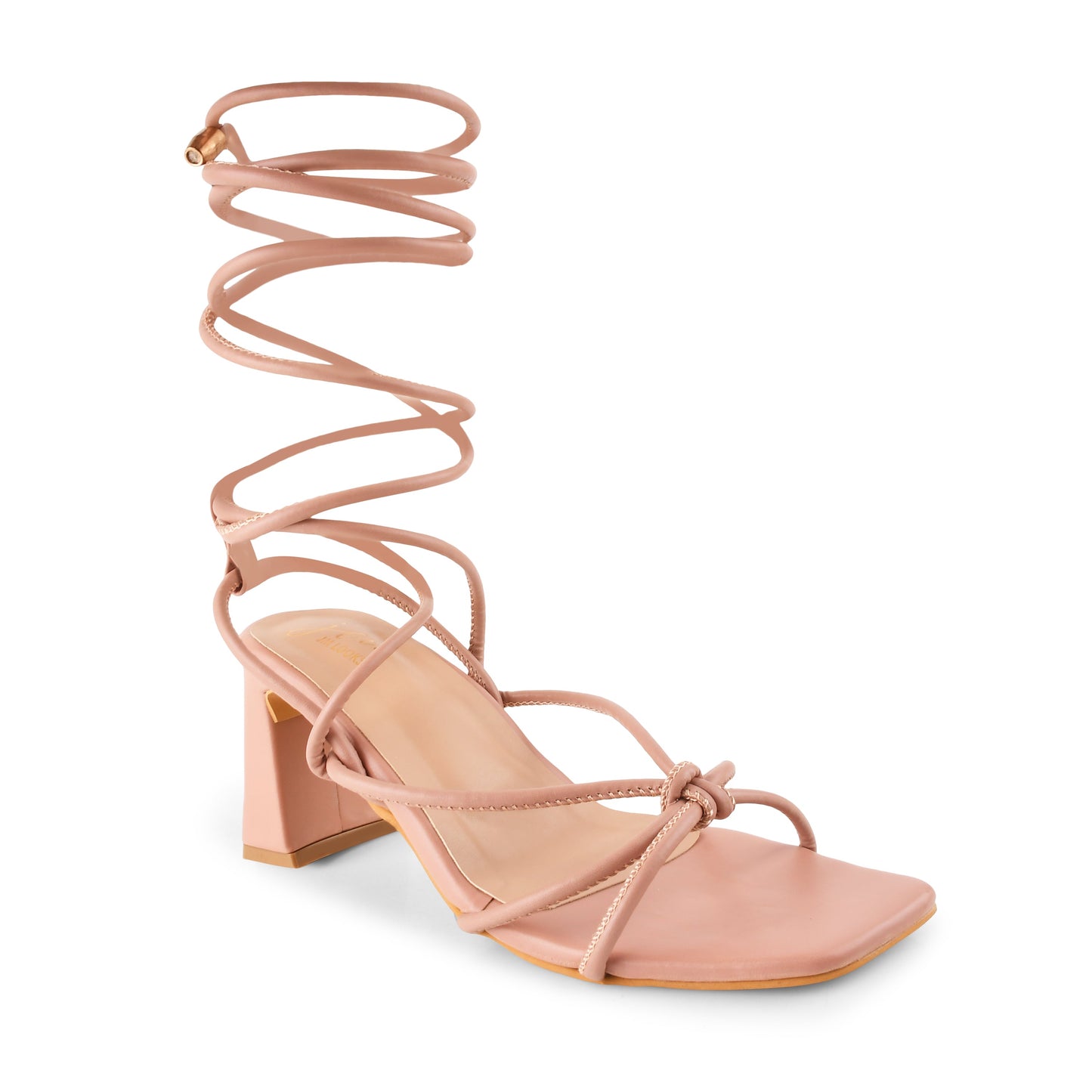 Open Toe Chunky Heeled Sandals with Lace Fastening for Women and Girls Peach