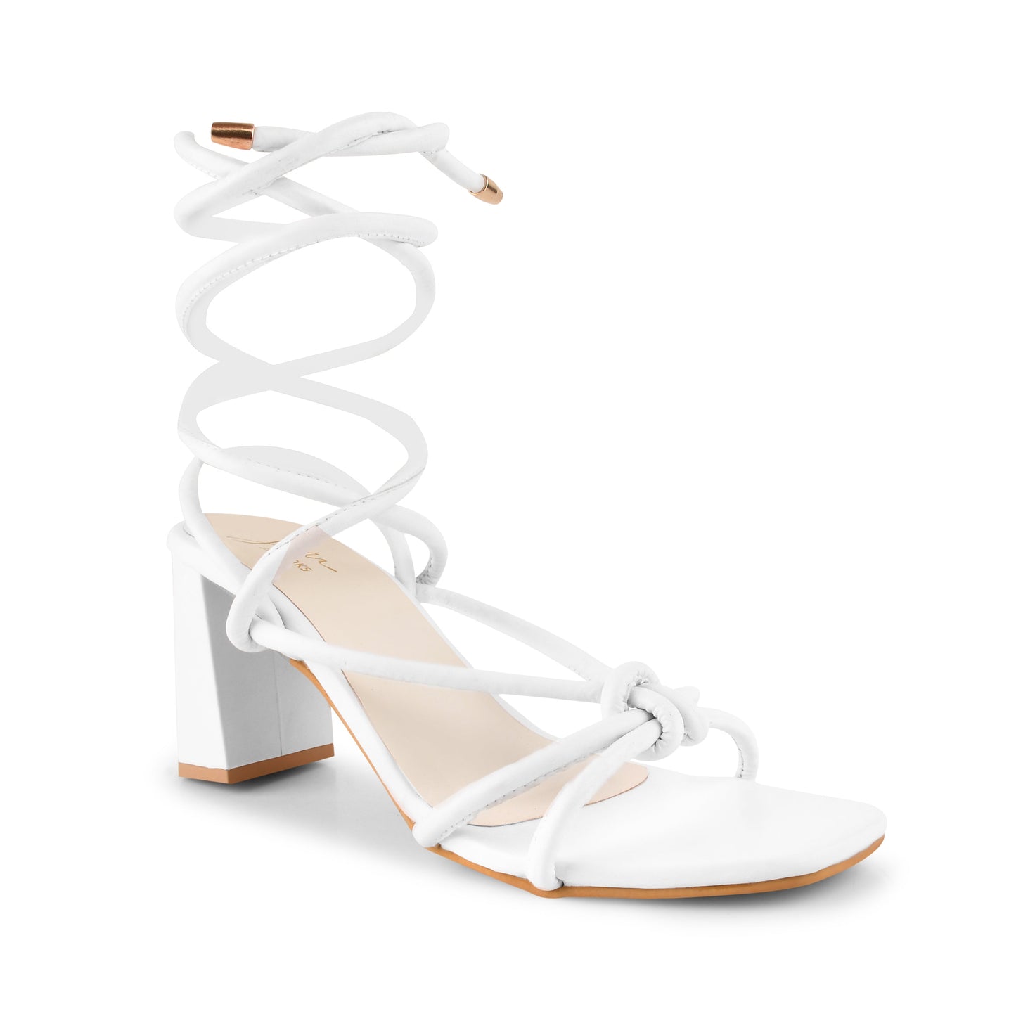 Open Toe Chunky Heeled Sandals with Lace Fastening for Women and Girls White