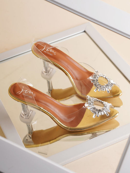 JM LOOKS Transparent Kitten Heels Sandals| Shop Now! Gold