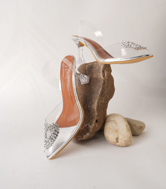 Embellished Kitten Heeled Sandals with Ankle Strap for Women & Girls Silver