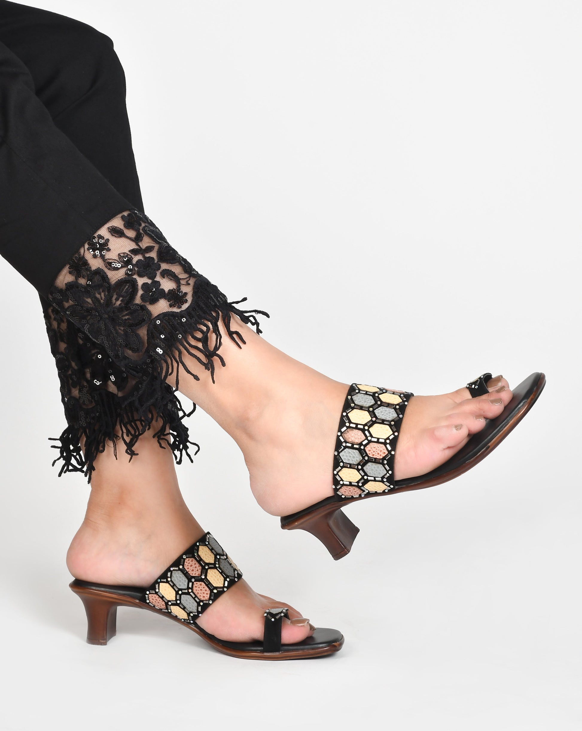 Ethnic Embellished One Toe Block Heels for Women and Girls  Black