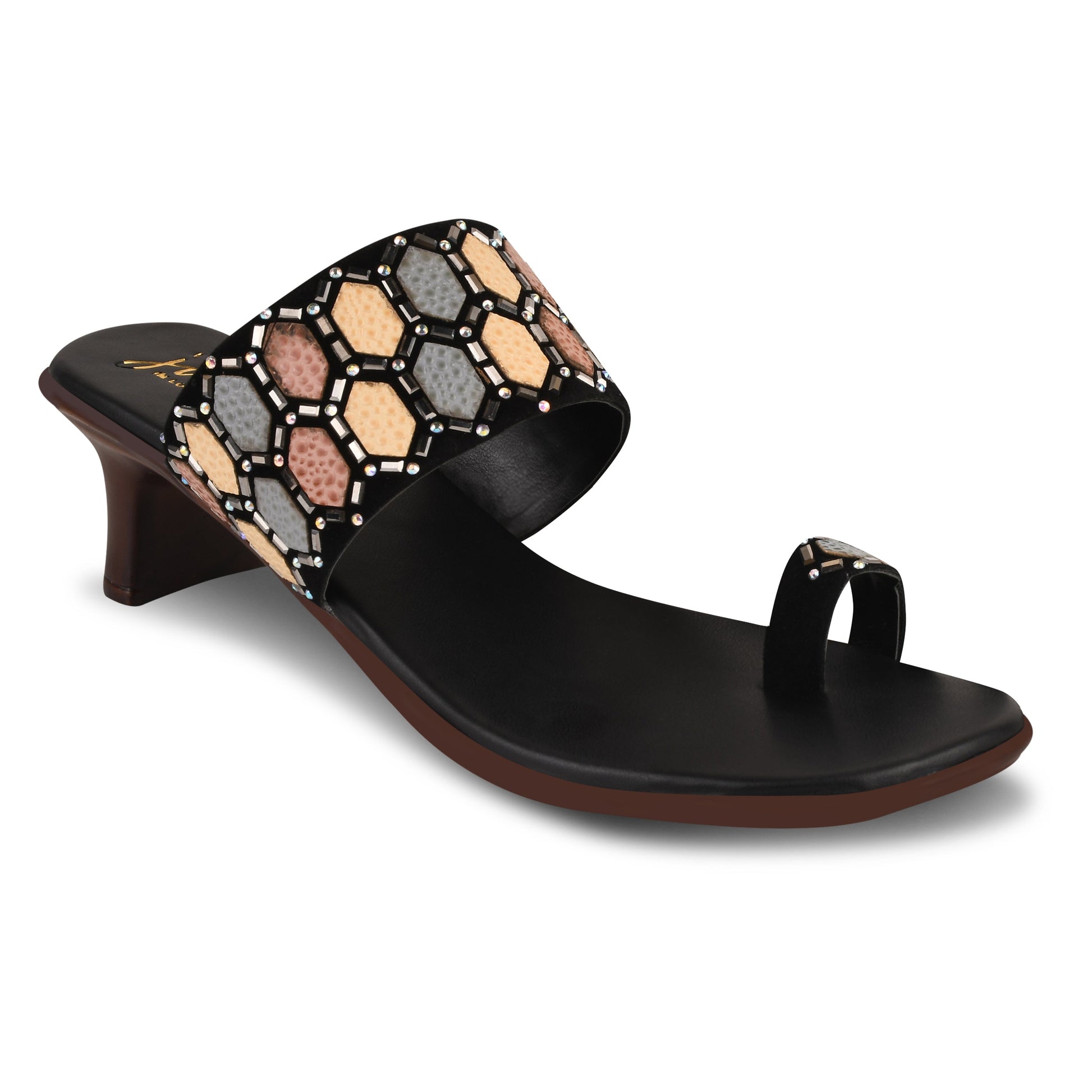 Ethnic Embellished One Toe Block Heels for Women and Girls  Black