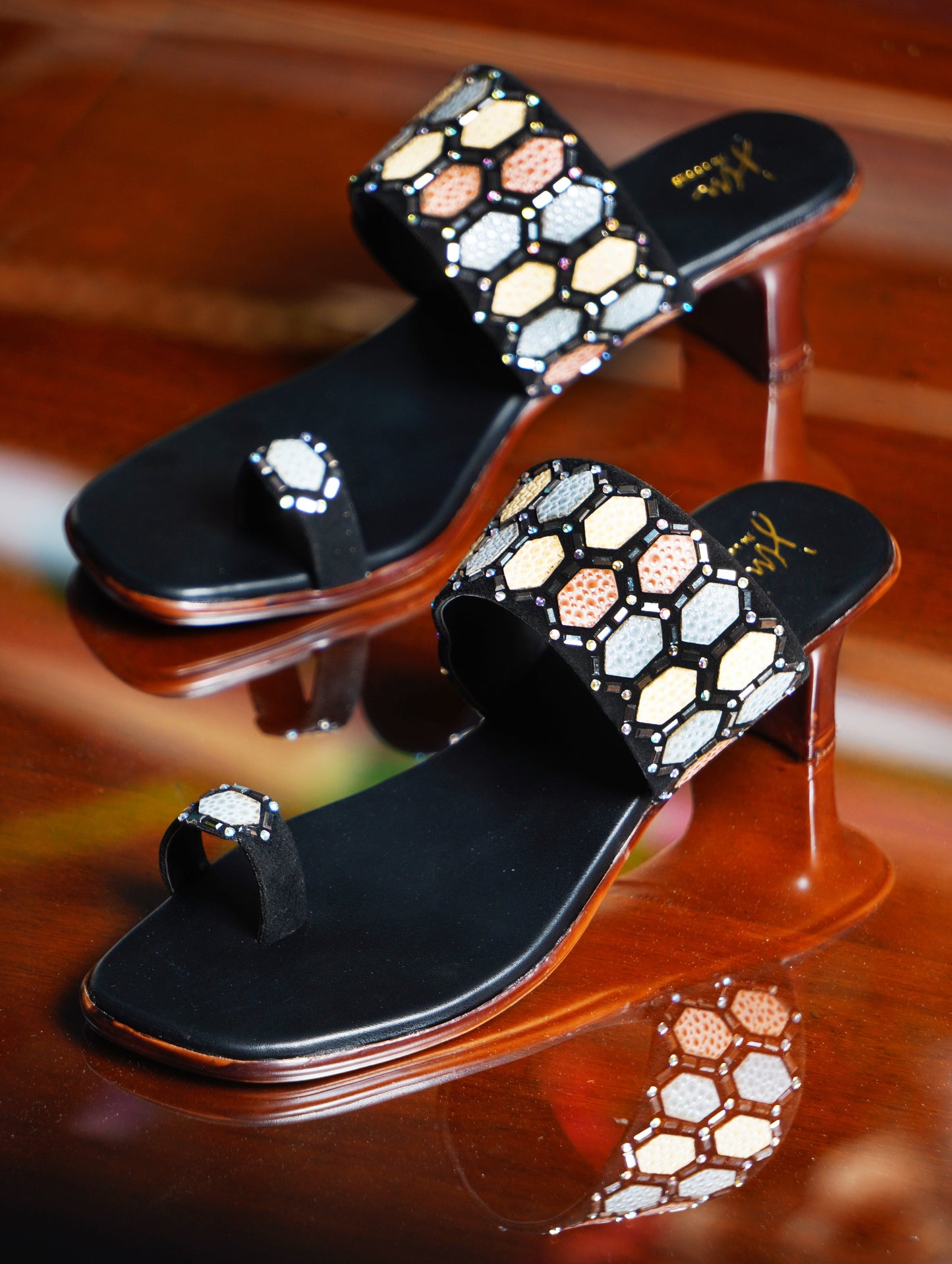 Ethnic Embellished One Toe Block Heels for Women and Girls Black