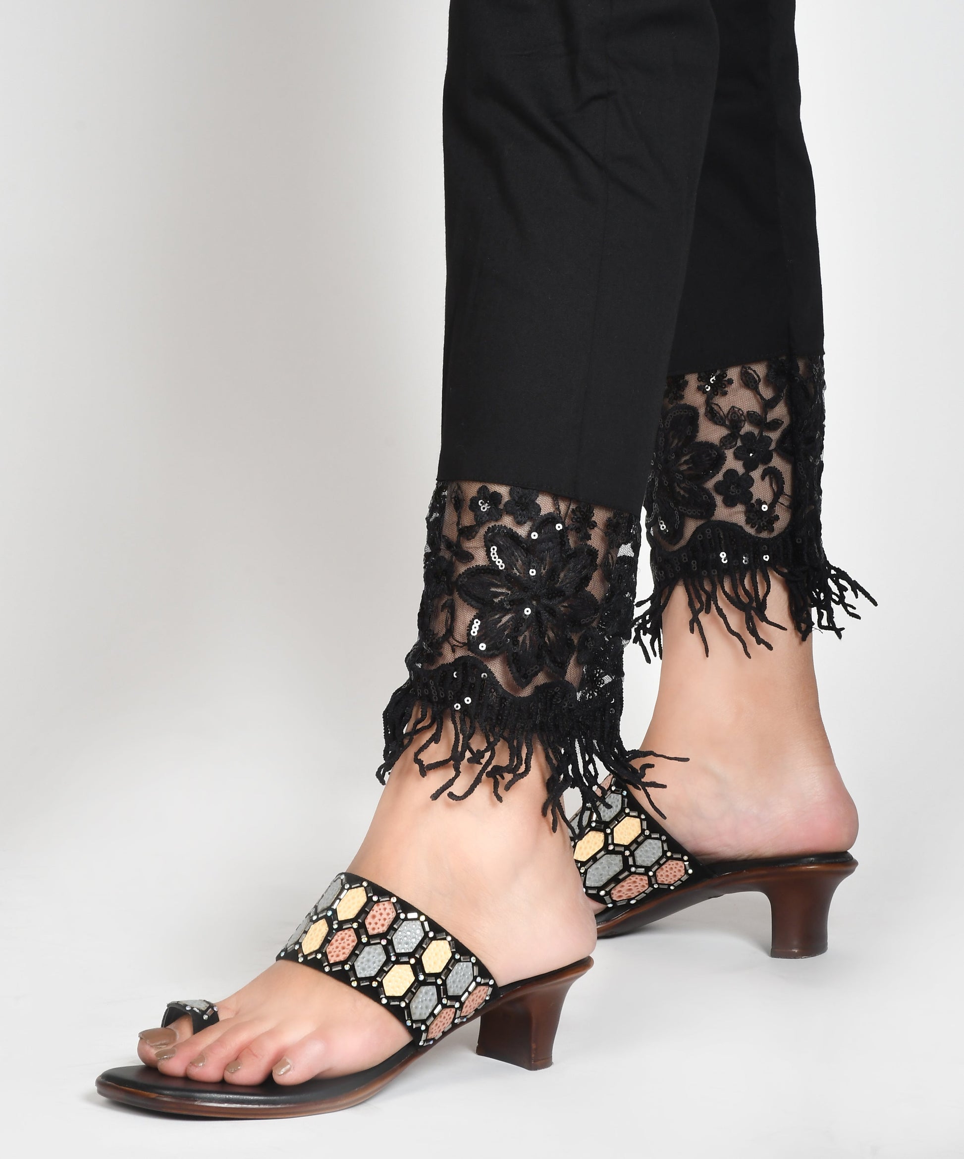 Ethnic Embellished One Toe Block Heels for Women and Girls  Black