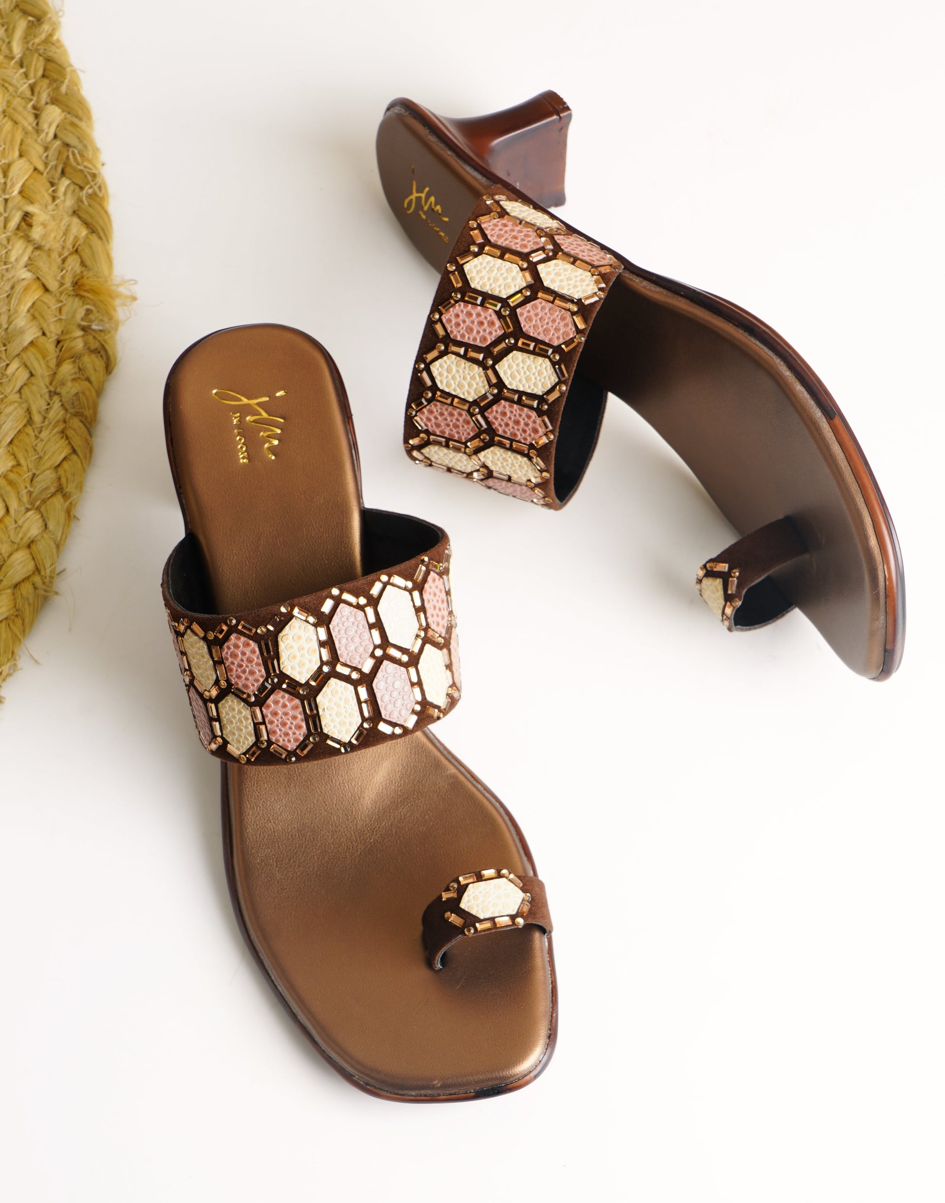 Ethnic Embellished One Toe Block Heels for Women and Girls  Copper