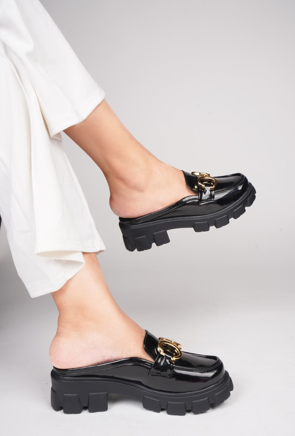 JM LOOKS Opulent Pearl Chain Half Loafer for Women and Girls Black