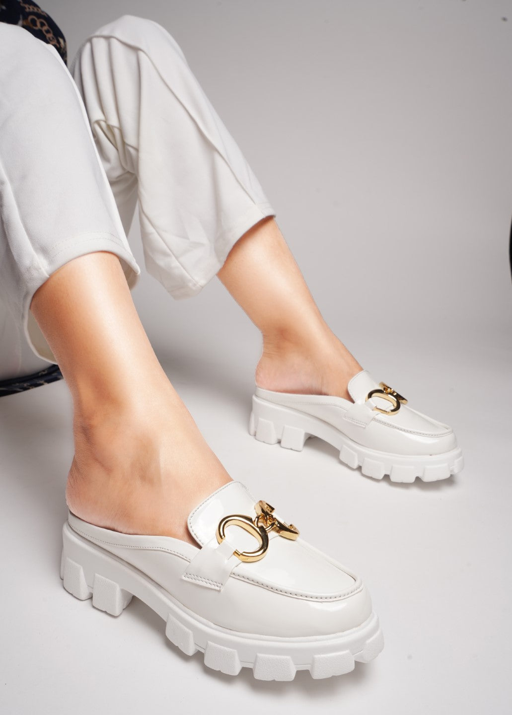 JM LOOKS Opulent Pearl Chain Half Loafer for Women and Girls White