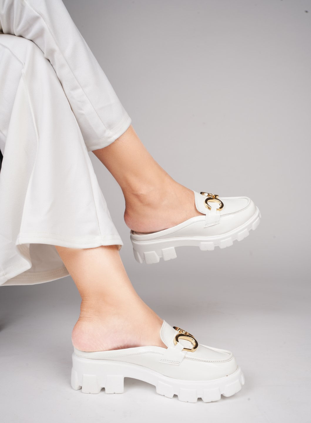 JM LOOKS Opulent Pearl Chain Half Loafer for Women and Girls White