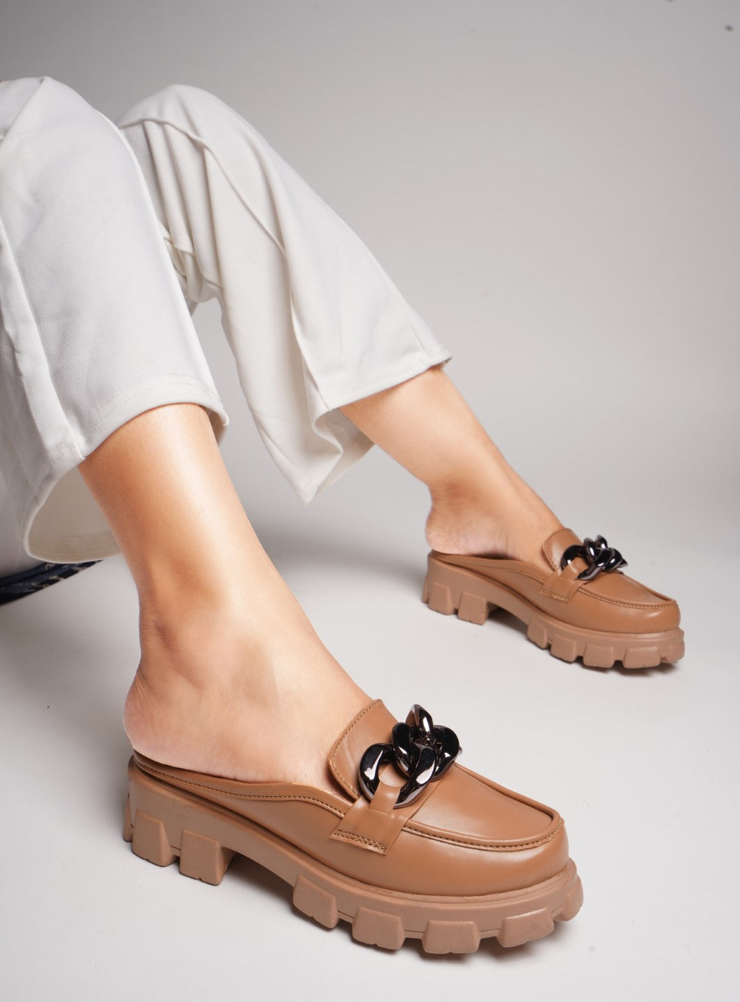 Radiant Sapphire Chain Half Loafers for Women and Girls Beige
