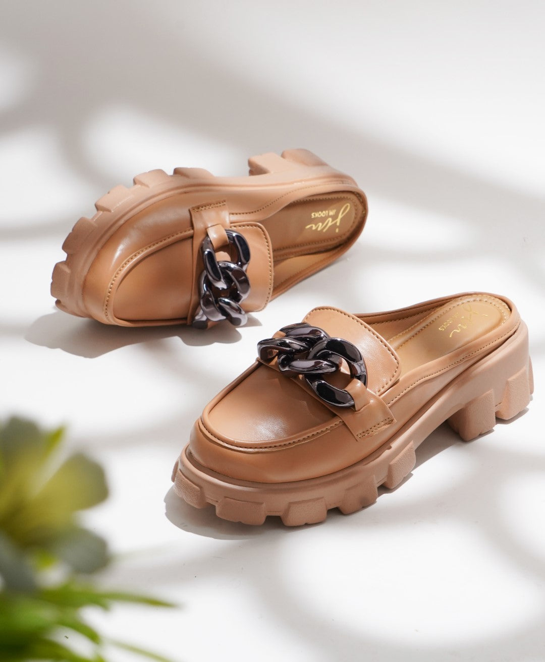 Radiant Sapphire Chain Half Loafers for Women and Girls Beige