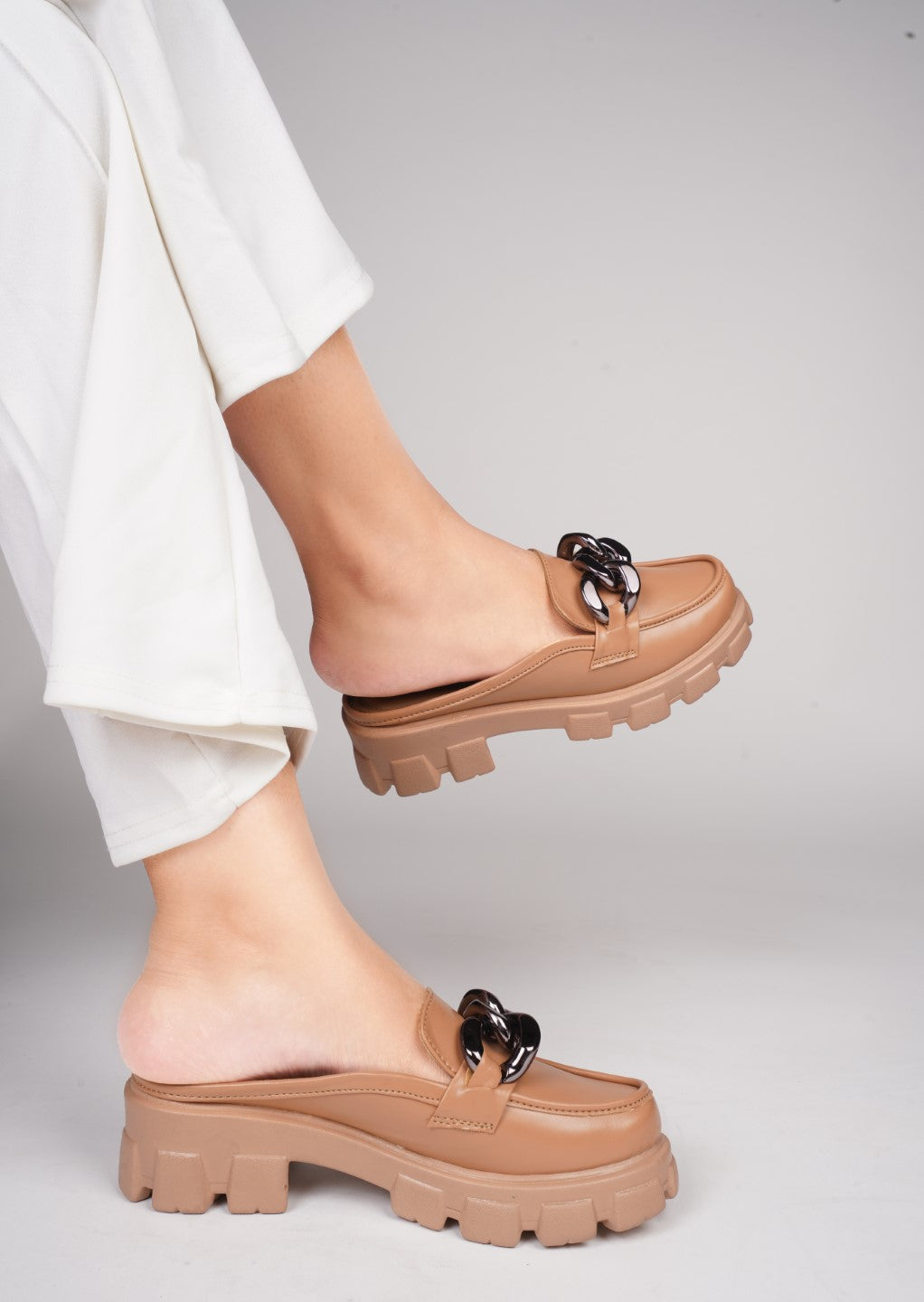 Radiant Sapphire Chain Half Loafers for Women and Girls Beige