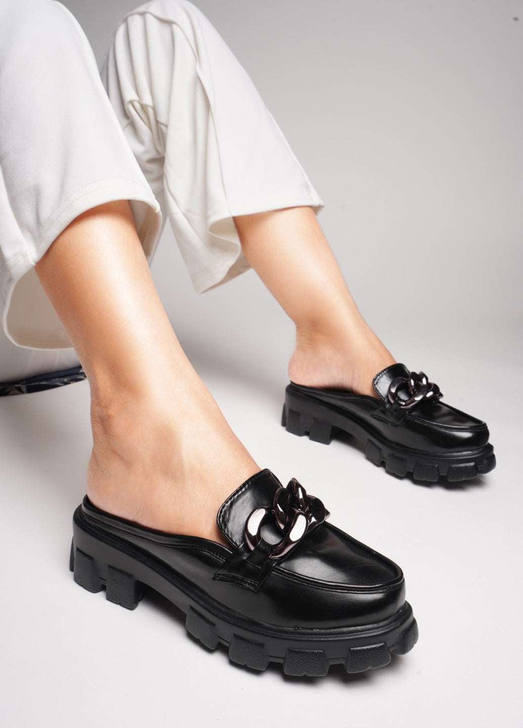 Radiant Sapphire Chain Half Loafers for Women and Girls Black