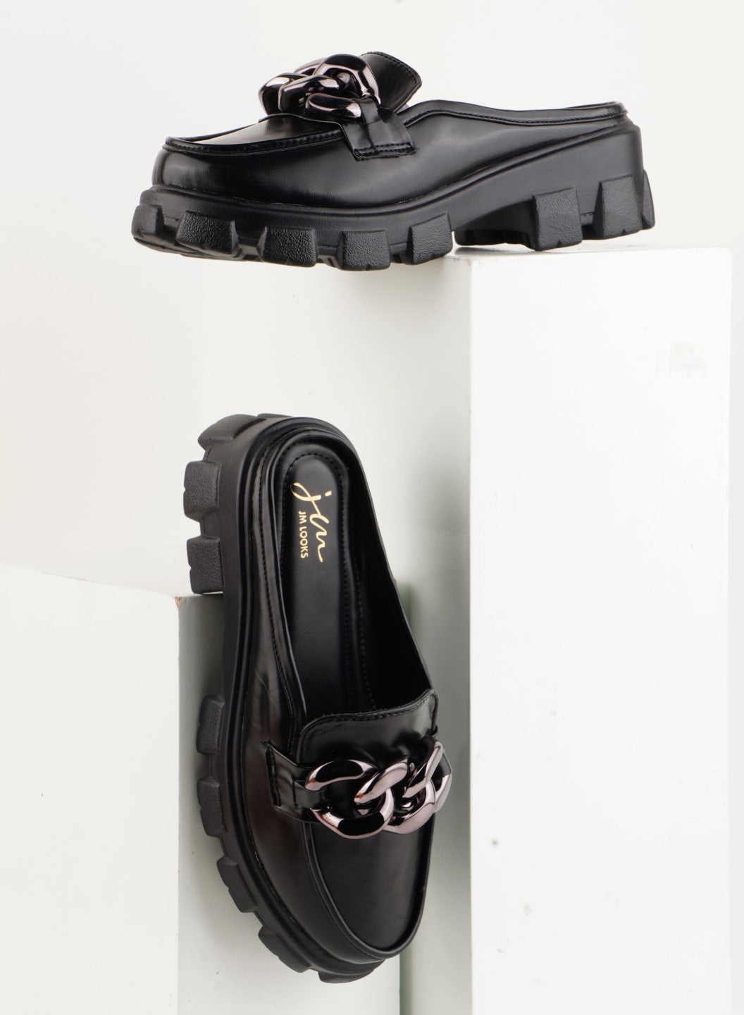 Radiant Sapphire Chain Half Loafers for Women and Girls Black