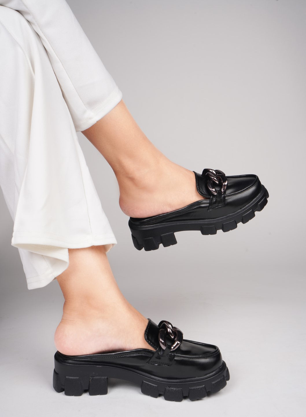 Radiant Sapphire Chain Half Loafers for Women and Girls Black