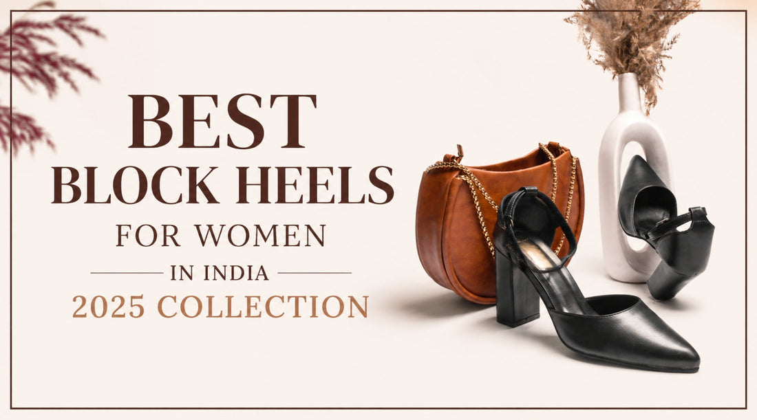 Best block heels for women in India 2025 featured banner with stylish black block heel shoes and a brown handbag on a clean, modern background.