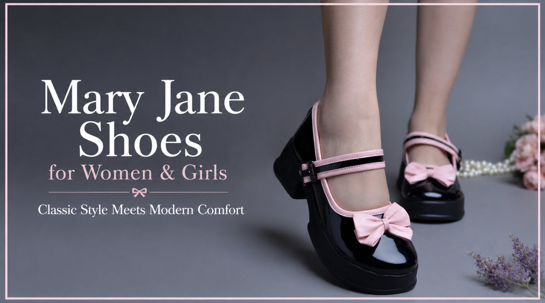 Mary Jane shoes for women and girls in glossy black patent leather with pink bow accents and double straps, showcasing classic style, modern comfort, and elegant everyday fashion in a stylish blog banner.