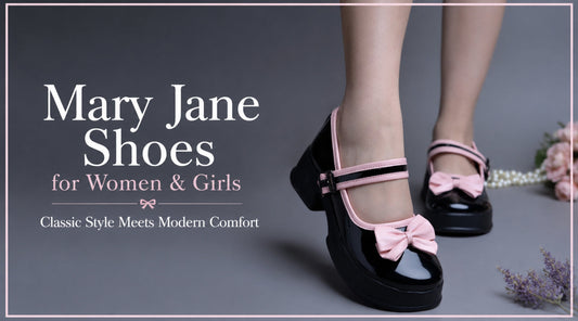 Mary Jane shoes for women and girls in glossy black patent leather with pink bow accents and double straps, showcasing classic style, modern comfort, and elegant everyday fashion in a stylish blog banner.