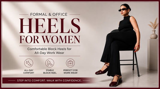 Formal and office heels for women, comfortable maroon block heels for all-day work wear modeled with black formal outfit