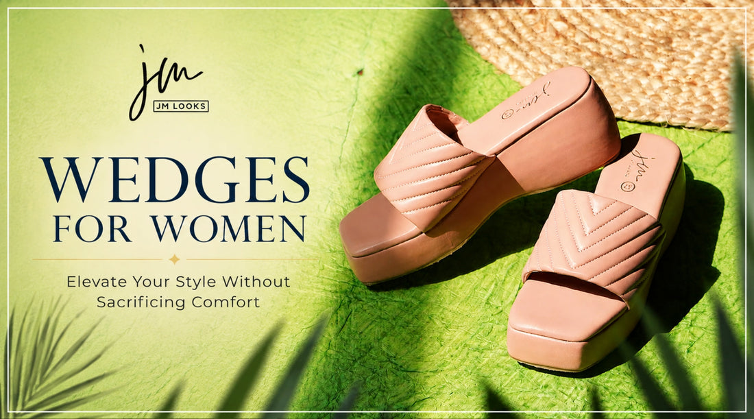 Wedges for women stylish nude platform sandals on green textured background with JM Looks banner design for comfortable fashion footwear.