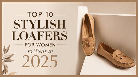 Top 10 stylish loafers for women to wear in 2025 featuring beige leather slip-on loafers on a modern neutral background with elegant typography.