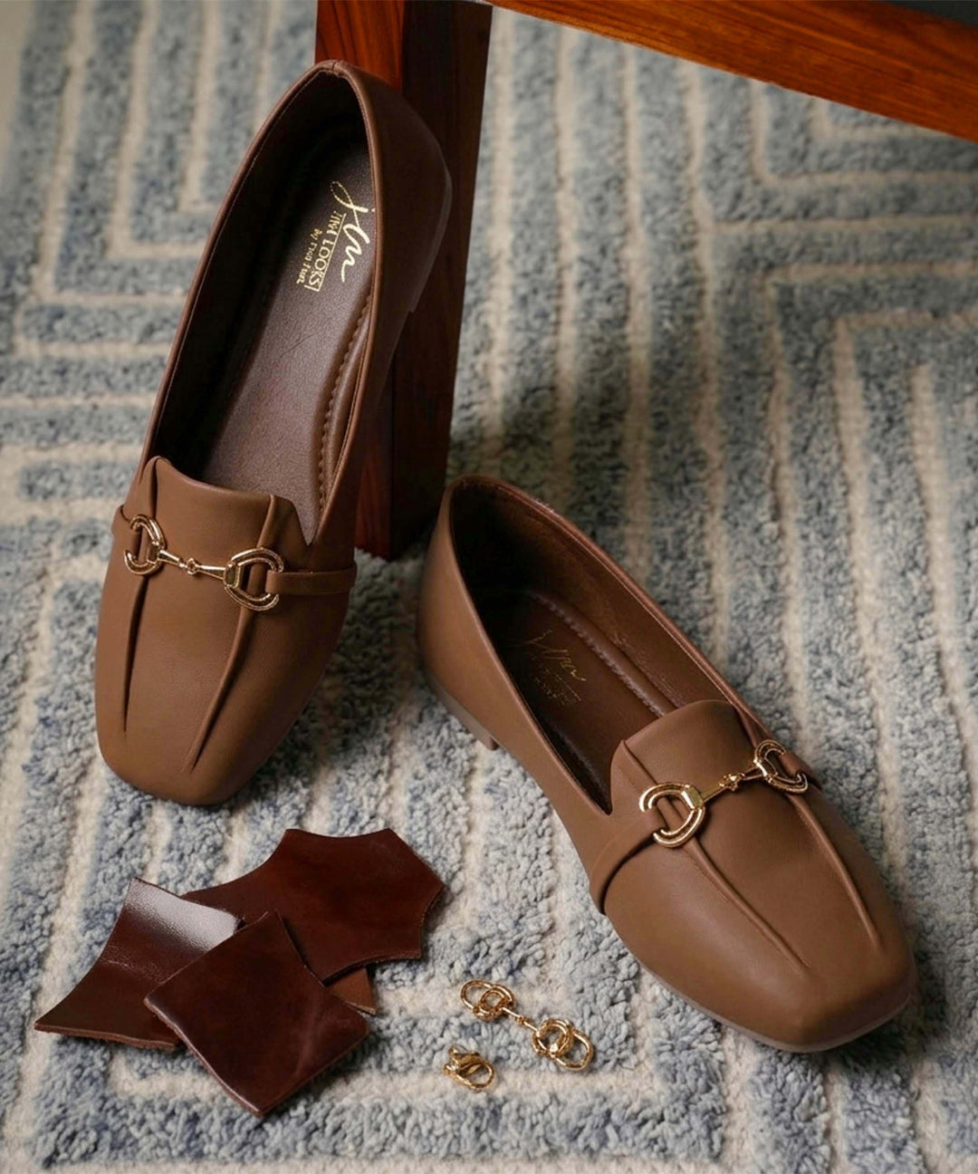 Tan Women Square Toe Ballet Flats with Metallic Horsebit