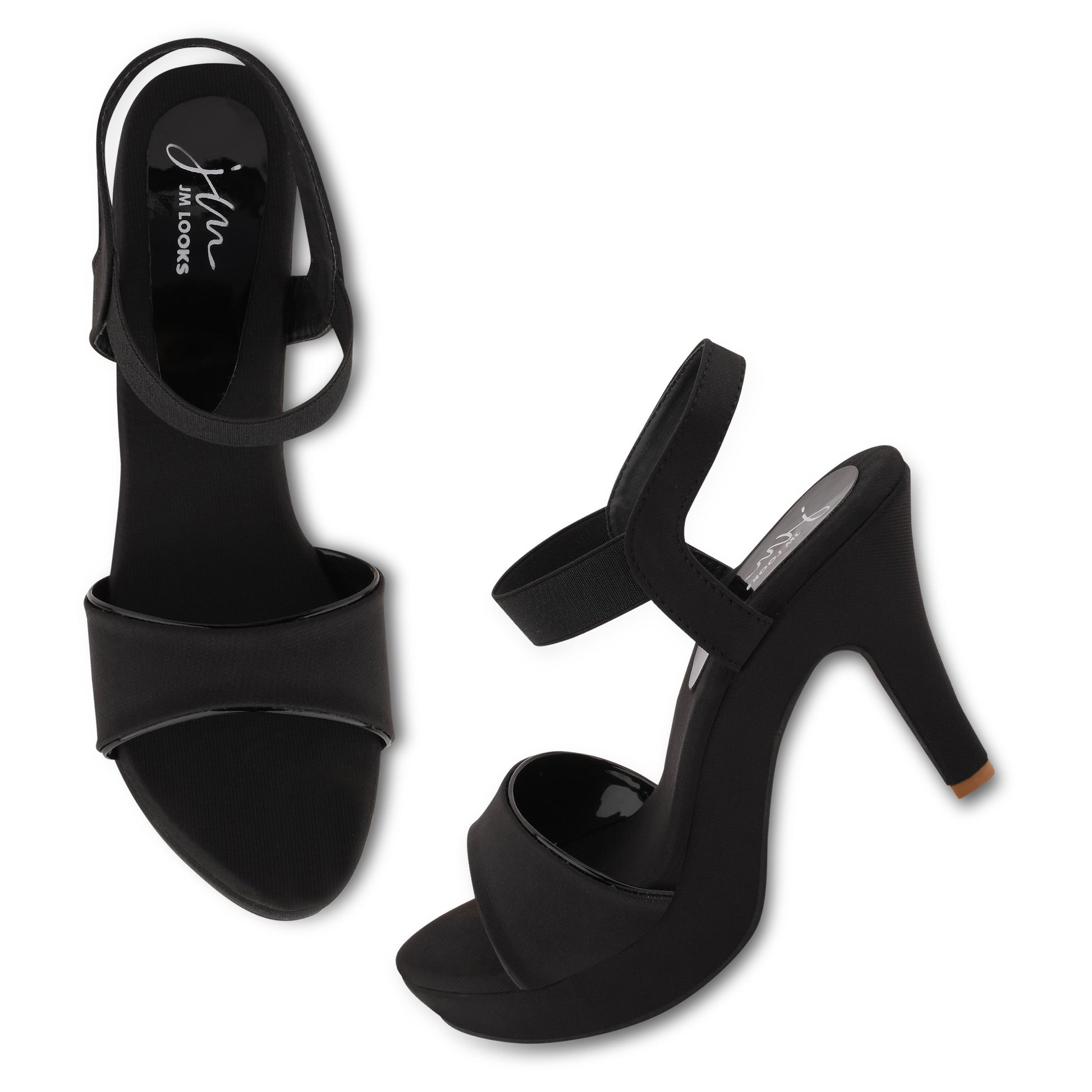women's platform stiletto heel sandals with a wide strap across the toes and an ankle strap
 Black