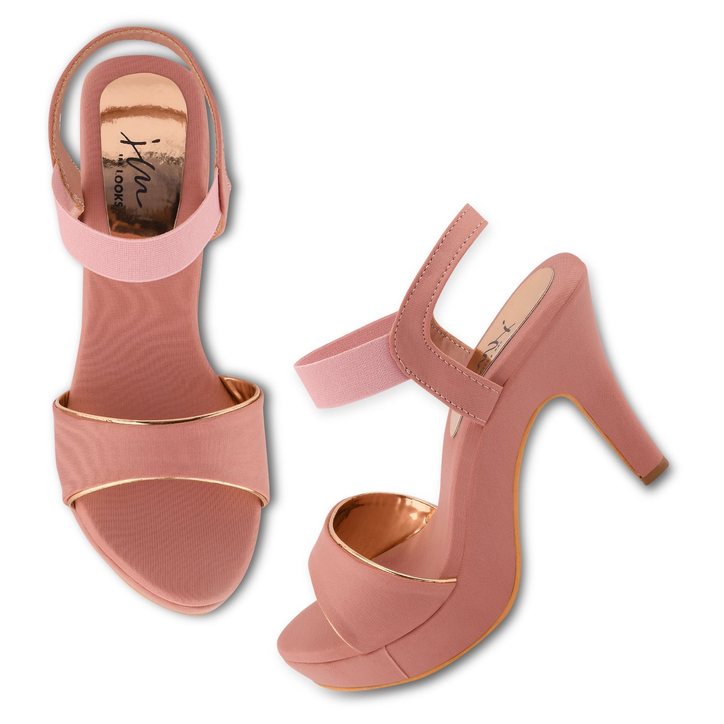 women's platform stiletto heel sandals with a wide strap across the toes and an ankle strap
 Peach