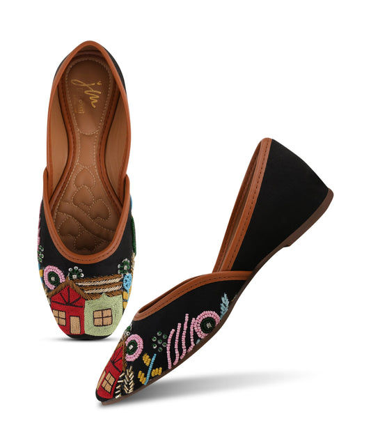 Women Black Handcrafted Embroidered Rounded Toe Ethnic Jutti Flats with Village Art Design