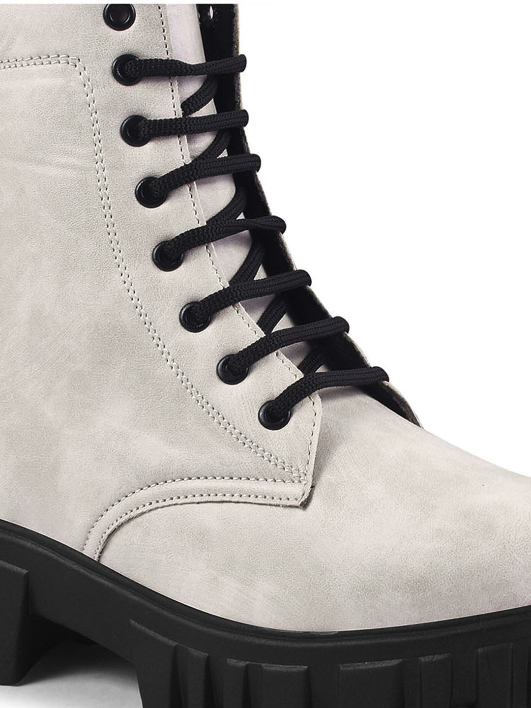 Jm Looks black lace-up combat boots with a heavy-duty lug sole
 Cream
