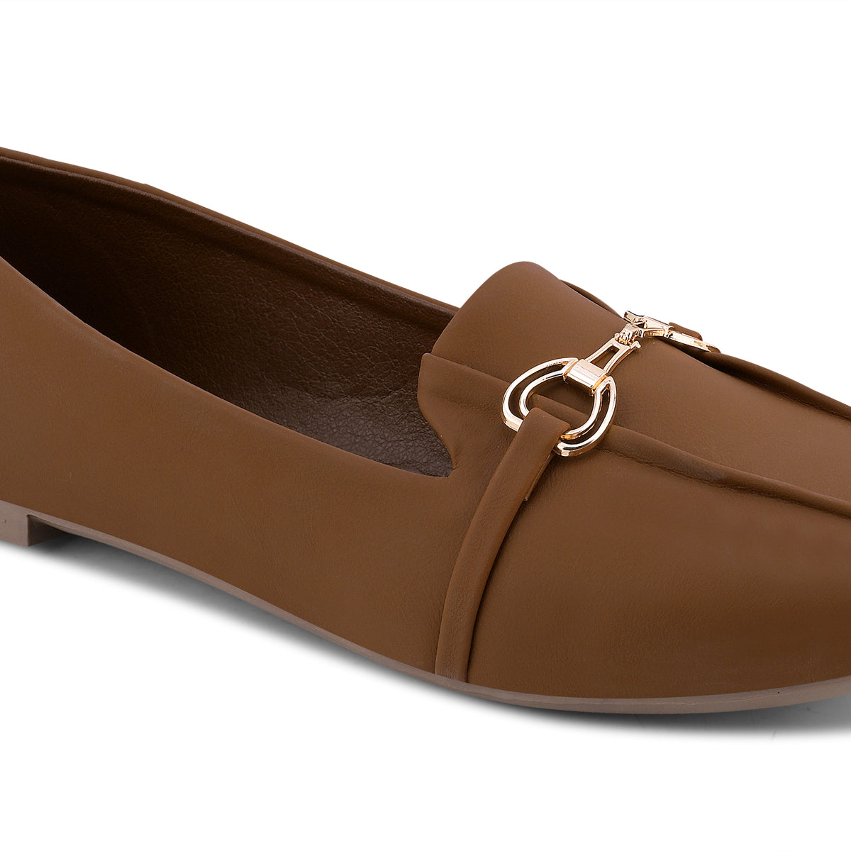 Tan Women Square Toe Ballet Flats with Metallic Horsebit