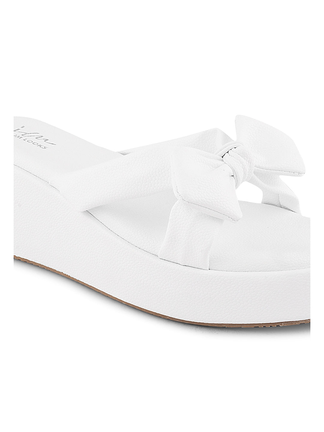 Jm Looks platform slides featuring a large, knotted bow on the strap
 White
