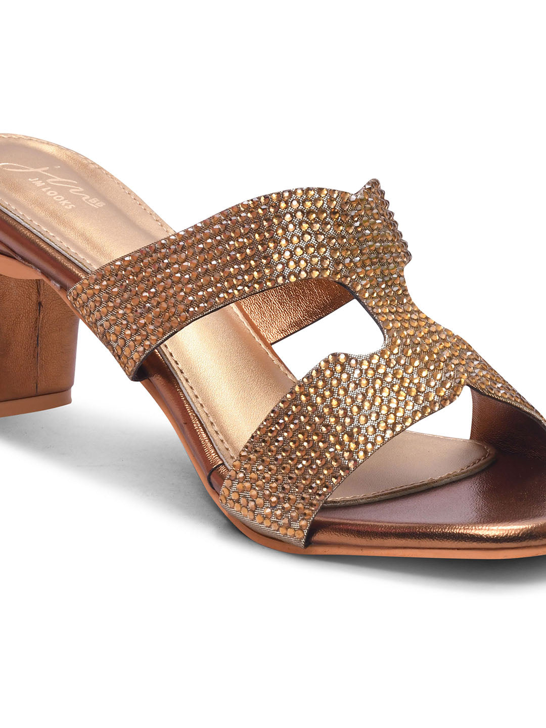 Jm Looks open-toe block heels with sparkling, embellished straps
 Copper