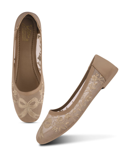 Beige lace ballerinas for women with floral net embroidery, cushioned insole, round toe, everyday casual wear.