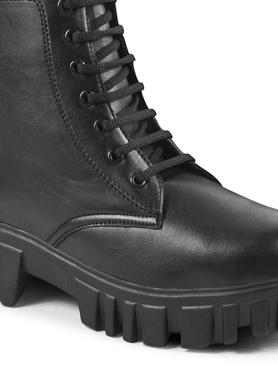 Jm Looks black lace-up combat boots with a heavy-duty lug sole
 Black