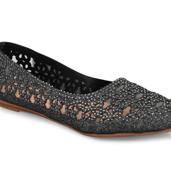 Embellished Cut-Work Pointed-Toe Ballerinas: Flats for Women & Girls Grey