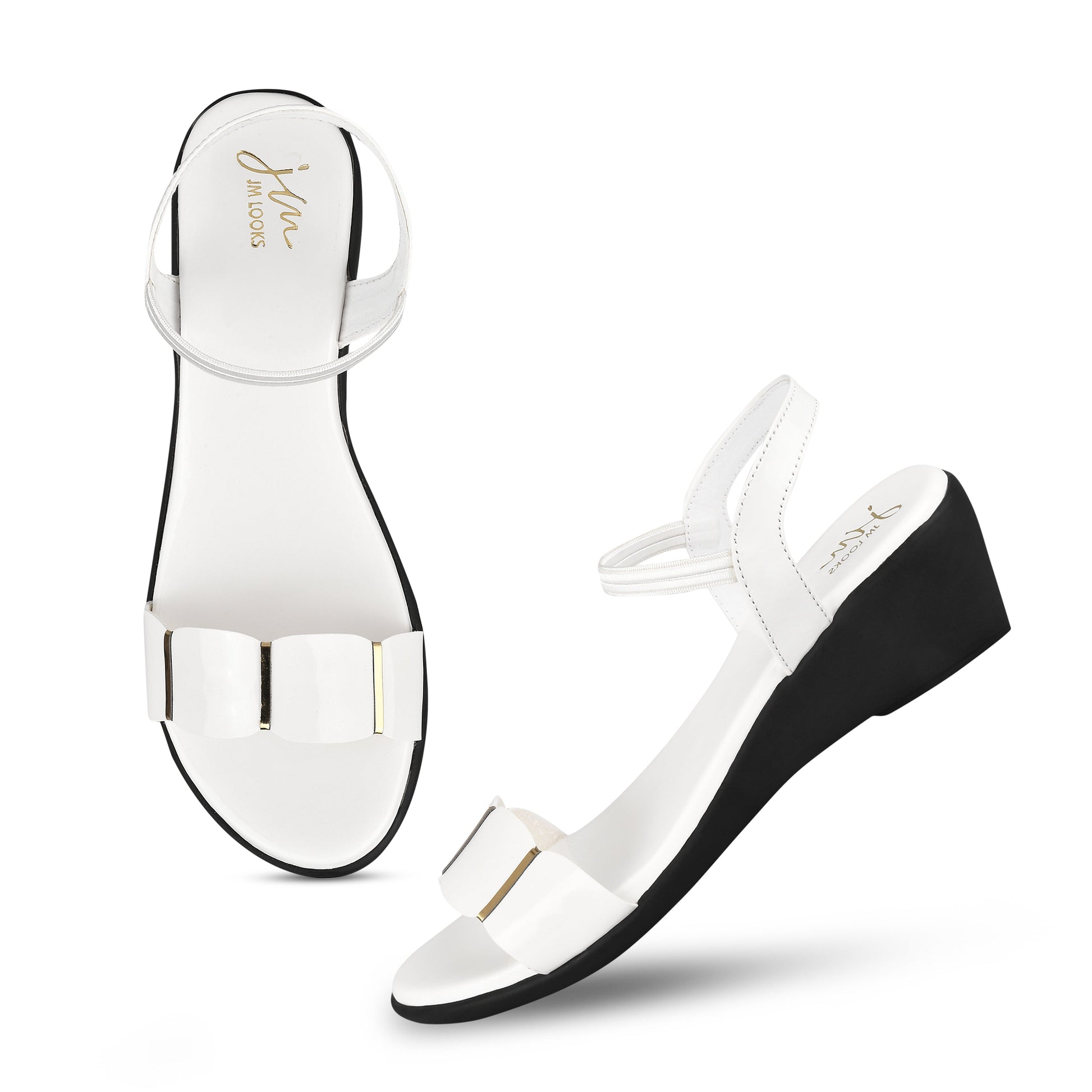 women's patent wedge sandals with a wide strap across the toes and an adjustable slingback strap
 White