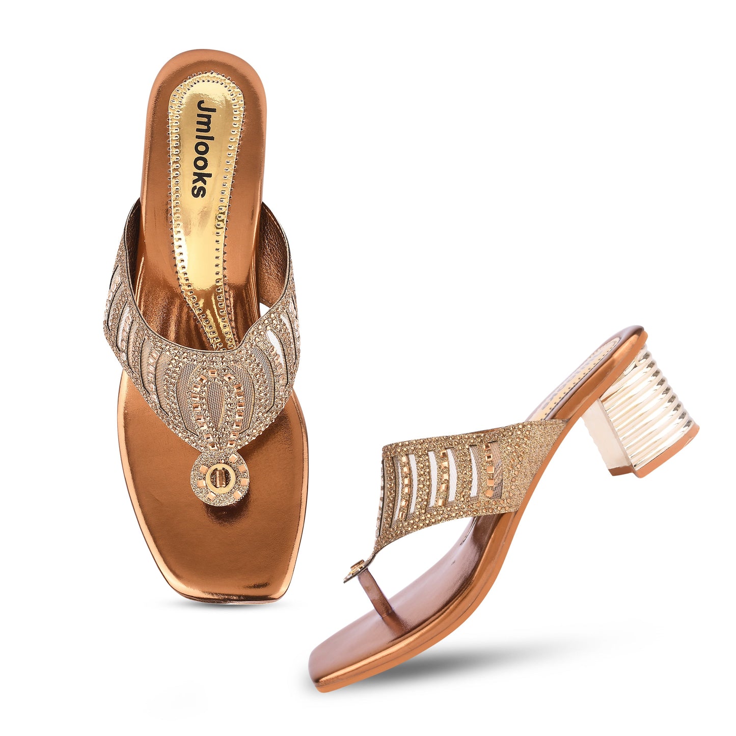 Jm Looks open-toe heels with an embellished broad strap and a textured block heel
 Copper