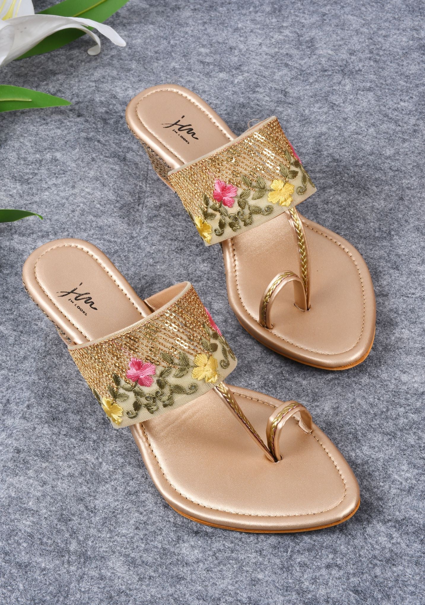 Floral embroidered wedge heel sandal for women featuring gold sequin strap and woven jute wedge heel